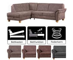 CAVADORE Schlafsofa Byrum mit Ottomane links / Große Eckcouch im Landhausstil / Inkl. Federkern / mit Bett + Bettkasten / 249 x 87 x 189 / Lederoptik hellbraun