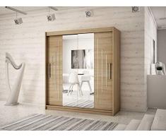 Kryspol Schwebetürenschrank York 1-150 cm mit Spiegel Kleiderschrank mit Kleiderstange und Einlegeboden Schlafzimmer- Wohnzimmerschrank Schiebetüren Modern Design (Sonoma)