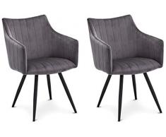 Ibbe Design 2er Set Grau Esszimmerstühle Lounge Chesterfield Samt Stoff Polsterstuhl mit Armlehnen Ola, Schwarz Metallgestell, 55x62x83 cm