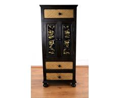 livasia Asiatischer Schrank aus Holz und Rattan, Rattankommode, mit Schnitzereien (Nr.6)