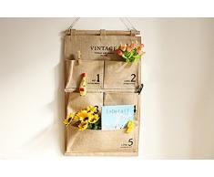 Lumanuby 1 Stück Multifunktional Vintage Hängeorganizer für Telefone/Kosmetik/Gläser/Schlüssel Baumwolle und Leinen Material Wand Hängen Beutel Kraftpapier Farbe 5-Pocket Utensilo 65*33.5CM