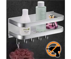 Wangel Duschkorb Duschablage ohne Bohren, mit 5 Haken, Patentierter Kleber + Selbstklebender Kleber, Aluminium, Matte Finish