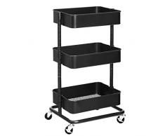 SONGMICS Rollwagen mit 3 Ebenen, Aufbewahrungswagen, Küchenregal mit Rollen, Ablagefächer höhenverstellbar, Servierwagen mit 2 Bremsen, einfache Montage, für Bad, Küche, Büro, schwarz BSC60B