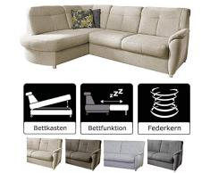 CAVADORE Schlafsofa Sunuma mit Ottomanen links / Moderne Eckcouch mit Schlaffunktion und Bettkasten / 246 x 91 x 176 / Beige