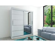 Kryspol Schwebetürenschrank Verona 2-180 cm mit Spiegel Kleiderschrank mit Kleiderstange und Einlegeboden Schlafzimmer- Wohnzimmerschrank Schiebetüren Modern Design (Weiß)