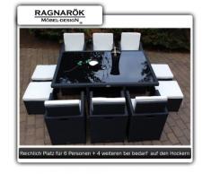 Gartenmöbel PolyRattan Essgruppe Tisch mit 6 Stühlen & 4 Hocker DEUTSCHE MARKE -- EIGNENE PRODUKTION Garten Möbel incl. Glas und Sitzkissen Ragnarök-Möbeldesign