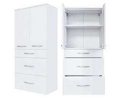 Badmöbel Komplettset in Hochglanz weiß ● 120cm Waschtisch-Unterschrank mit Waschbecken ● 3D Spiegelschrank mit 2 LED-Leuchten & Steckdose ● Hochschrank, Unterschrank, Hängeschrank & Highboard ● Made in Germany