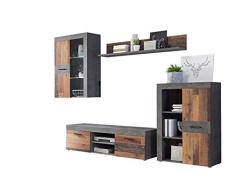 lifestyle4living Anbauwand in Old Wood Vintage-Dekor und Betonoptik, Moderne Wohnwand mit Hängevitrine, Wandboard, TV-Lowboard und Vitrine, 290 cm