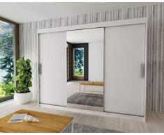Kryspol Schwebetürenschrank Tokyo 1-250 cm mit Spiegel Kleiderschrank mit Kleiderstange und Einlegeboden Schlafzimmer- Wohnzimmerschrank Schiebetüren Modern Design (Weiß)