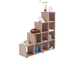 Greensen Lagerregal Holz Bücherregal Raumteiler Stufenregal Treppen Regale Ausstellungsregal Modern Lagerregal mit 10 Gitter Raumteiler Regal Standregal für Büro zu Hause Arbeitszimmer, Eiche
