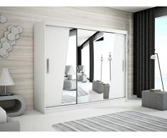 Kryspol Schwebetürenschrank Rhomb 250 cm mit Spiegel Kleiderschrank mit Kleiderstange und Einlegeboden Schlafzimmer- Wohnzimmerschrank Schiebetüren Modern Design (Weiß)