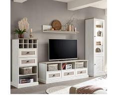 Mediterrane Landhaus Wohnwand Anbauwand in Pinie weiß mit Eiche antik, 160cm Lowboard, Standvitrine mit Beleuchtung, Kommode mit Weinfach