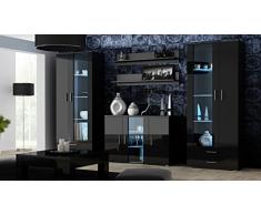 Furniture24 Wohnwand SOHO Anbauwand Wohnzimmer Möbel Hochglanz Vitrine Kommode Tv Schrank (Korpus: Schwarz Matt Front: Schwarz Hochglanz)