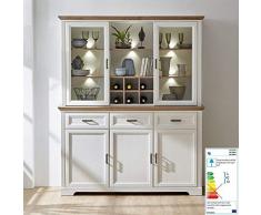 Lomadox Buffetschrank Buffet Esszimmerschrank Vitrinenschrank Küchenschrank im Landhaus-Stil in Pinie weiß mit Artisaneiche, B/H/T 166/204/48cm Landhaus-Stil mit Pinie hell & Artisan Eiche Nb.