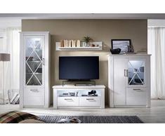 Newfurn Wohnwand Anbauwand Landhaus Wohnzimmerschrank Wohnlandschaft Mediawand Fernsehschrank II 365x205x 47 cm (BxHxT) II [Carolina] in Pinie Weiß Struktur/Pinie Weiß Struktur Wohnzimmer