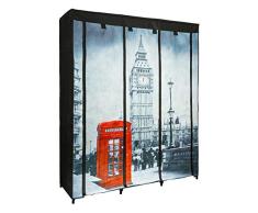 ONVAYA® Stoffschrank schwarz | Faltschrank mit Motiv London | Kleiderschrank aus Stoff | Textilschrank mit Kleiderstangen