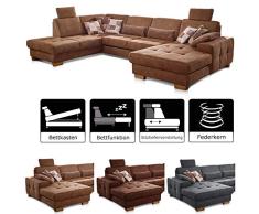 Cavadore Wohnlandschaft Puccino mit Federkern, Schlaffunktion, verstellbarer Rückenlehne und 2 Kopfstützen, Sofalandschaft in U-Form im Landhaus-Design, 340 x 86 x 224 cm, Mikrofaser hellbraun