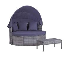 Tidyard Sonneninsel Polyrattan mit Auflagen und Sonnendach, Gartenmuschel Garten-Lounge-Set Sonnenliege Doppelliege Gartensofa 2 Sitzer Gartenmöbel, 3-TLG Grau