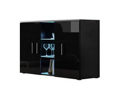 Furniture24 Kommode mit Blauer LED Beleuchtung SOHO S7 Sideboard Schrank Wohnzimmerschrank mit 3 Türen (Schwarz/Schwarz Hochglanz)