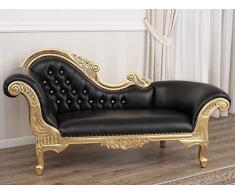 SIMONE GUARRACINO LUXURY DESIGN Recamiere Joana Französischer Barock Stil Chaiselongue-Sofa Blattgold Kunstleder schwarz Crystal Sw Knöpfe