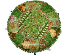 Bohemian Vintage Embroidered Pouf Ottoman Footstool Cover Indian Round Ottoman Stool Pouf Pillow, Ethnic Embroidered Pouf Cover, Indian Cotton Round Pouffe Ottoman Pouf Cover Pillow Ethnic Decor Art, 14x22 Inch. By Bhagyoday by BhagyodayFashions