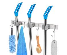 Fulgente Besen Mop Halter, Wandhalterung Aufbewahrung Reinigungstools für Besenhalter Wandhalterung Besenhalterung, Einschraub-Hochleistungs-Edelstahl Hängeregal (4 Haken und 3 Schnellspannern)