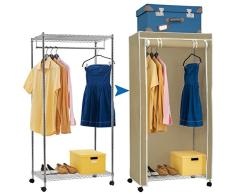 Artmoon Buffalo | Schwerlast Kleiderschrank mit 2 Ablagen und Hängestangen | Stoffschrank auf Rollen | Einfache Montage | 20 Kleiderbügel und 50 kg Lasten | Abmessungen: 75x45x150 cm