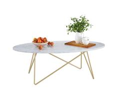 Homfa Couchtisch Beistelltisch Marmor Optik Kaffetisch Weiß Oval Gold aus Metall und Holz 120x60x41cm