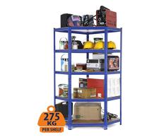 Stabiles Eckregal aus Stahl für die Garage, 275 kg Traglast pro Regalboden, 5 Regalböden, 180 x 90/63 x 45 cm (H x B x T)