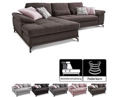 Cavadore L-Form-Sofa Castiel mit Federkern, Große Eckcouch mit Sitztiefenverstellung und XL-Longchair, 312 x 89 x 173, Webstoff, dunkelbraun
