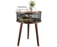 BATHWA Table Couchtisch Coffee Table, runder Nachttisch mit Ablagekorb, Wohnzimmer Sofatisch Beistelltisch, Metal und Holz