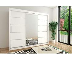 Kryspol Schwebetürenschrank Verona 2-250cm mit Spiegel Kleiderschrank mit Kleiderstange und Einlegeboden Schlafzimmer- Wohnzimmerschrank Schiebetüren Modern Design (Weiß)
