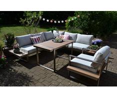 bomey Dining Ecklounge Atlanta in Braun I Lounge-Set bestehend aus einem Sessel und Ecksofa in braun, Tisch im Edelstahl/Teak Design & Polstern in Beige I Garten + Terrasse + Wintergarten