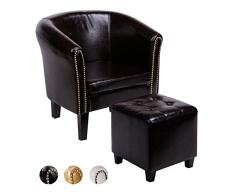 CCLIFE Chesterfield Sessel Loungesessel mit Hocker Clubsessel Cocktailsessel Ledersessel Braun/Weiss/Gold, Farbe:Braun + Hocker