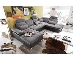 lifestyle4living Wohnlandschaft (XXL) mit Schlaffunktion & Bettkasten, Anthrazit-Grau, Webstoff, Kunstleder | Gemütliches U-Sofa mit Kopfstützen & Armlehnenverstellung