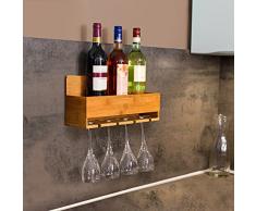 Relaxdays Weinregal mit Glashalter H x B x T: ca. 17 x 37 x 11,5 cm Flaschenregal aus Bambus mit Platz für 4 Flaschen und 4 Gläser zur Wandmontage Hängeregal Holz als Weinflaschenhalter Ablage, natur