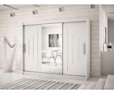 Kryspol Schwebetürenschrank York 1-250 cm mit Spiegel Kleiderschrank mit Kleiderstange und Einlegeboden Schlafzimmer- Wohnzimmerschrank Schiebetüren Modern Design (Weiß)