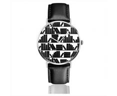 Armbanduhr Quarzuhr Bibliothek Bücherregale Schwarz Weiß Freizeituhren mit schwarzer Lederuhr