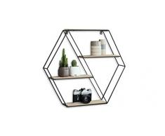 LIFA LIVING Hexagon Wandregal aus Metall und Holz mit 4 Böden, Schwarzes Industrie Gewürzregal mit 4 Etagen, Hängeregal, 58 x 51 x 11 cm