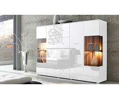 lifestyle4living Highboard mit Fronten in weiß Hochglanz, Korpus in weiß, Kommode mit 4 Türen und 4 Schubladen, Moderne Anrichte mit Soft-Close und Selbsteinzug