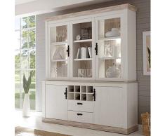 Lomadox Buffetschrank Buffet Esszimmer Schrank Vitrinenschrank Küchenschrank Landhaus Stil in Pinie Weiss inkl. LED-Rückwandbeleuchtung
