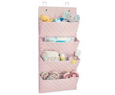 mDesign Hängeaufbewahrung mit vier Taschen – Kinderzimmer Aufbewahrung für Kinderschuhe, Accessoires und Kleidung – Taschengarderobe zum Hängen mit Pünktchen-Muster – rosa/weiß