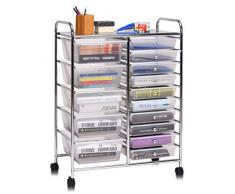 COSTWAY Rollwagen Metallgestell, Rollcontainer rollbar, Badrollwagen mit Bremsen, Aufbewahrungswagen aus Plastik, Beistellwagen inkl.15 stapelbaren Schubladen, Haushaltswagen 62,5x37x87cm(Transparent)
