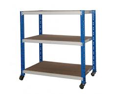 Rollregal Schwerlast 300kg, HxBxT: 90x100x60cm, 3 Böden, blau/lichtgrau (fahrbares mobiles Regal) (Szagato)