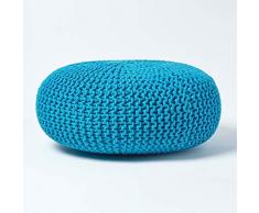 Homescapes Pouf Strickpouf rundes Bodenkissen, Sitzpouf 70 x 23 cm, gepolsterter Sitzhocker, Sitzpuff/Puff mit grob gestricktem Bezug aus 100% Baumwolle, Strickpuff, türkis/blaugrün