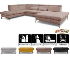 CAVADORE Sofalandschaft Bergen / Inkl. Sitztiefenverstellung, Armteil- & Kopfteilfunktion / Leichte Fleckenentfernung dank Soft Clean / 367 x 83 x 243 / Flachgewebe: Hellbraun