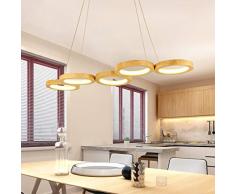 Modern LED Esstisch Pendelleuchte dimmbar Pendellampe Holz Hängeleuchte Ringe Design Hängelampe Bürolampe Höheverstellbar für Esszimmer Wohnzimmer Büro mit Fernbedienung,5lights