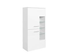 lifestyle4living Badezimmerschrank in Weiß, Hochglanz, breit | Halbhoher Midischrank mit 2 Türen, 2 Einlegeböden und Regal-Fach mit 3 Glas-Einlegeböden