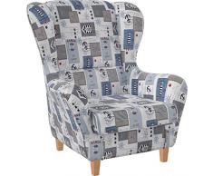 Supellex Sofia Ohrensessel, Fernsehsessel mit Armlehnen mit Hocker Design: Patchwork Maritime Motive, Leuchtturm, Anker, blau
