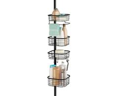 mDesign Duschregal ohne Bohren – praktischer Shower Caddy für die Ecke aus Metall und Kunststoff – ausziehbare Duschablage mit 4 Körben für Shampoo und Conditioner mit Handtuchstange – schwarz